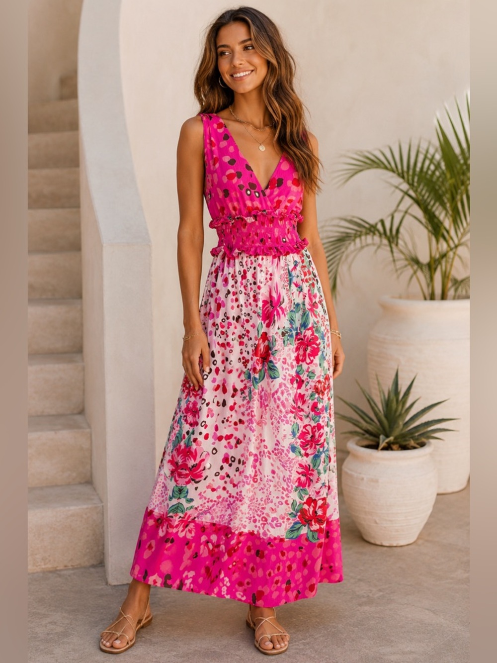 Umgee Bright Pink Maxi Dress Floral Mixed Print Sz Medium Boho Resort
